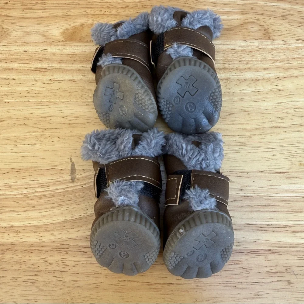 Brown Dog Boots with Gray Fur Trim - Picture 6 of 11
